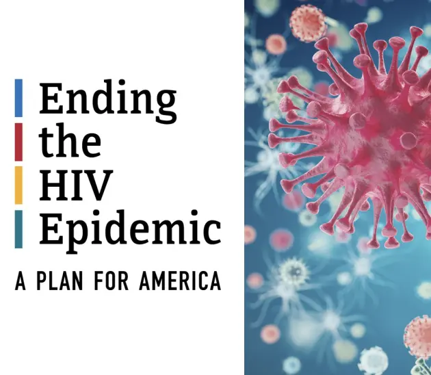 Text and imagery focused on addressing the HIV epidemic with a plan for America, featuring a graphic representation of a virus.